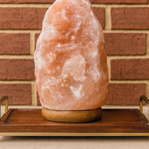 May include: A large, roughly textured Himalayan salt lamp in shades of pink and white sits on a wooden base. The lamp rests on a dark wooden tray with gold-colored handles, against a red brick wall.
