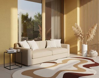 Modern Abstract Wavy Rug Hand-Tufted Earthy Brown Cream Tones Minimalist Contemporary Living Room Decor.