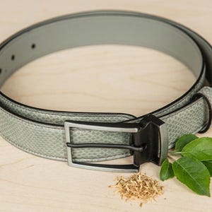 Può includere: Una cintura verde chiaro con motivo a pelle di serpente e fibbia argentata. La cintura è circolare e poggia su una superficie di legno, con trucioli di legno e foglie verdi. La circonferenza della cintura è di circa 90 cm.