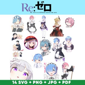 Könnte beinhalten: Eine Sammlung von Illustrationen von Anime-Charakteren aus "Re:Zero - Starting Life in Another World". Die Bilder zeigen Charaktere mit blauen, rosa und blonden Haaren in verschiedenen Posen und Outfits. Der Text "Re:ゼロ" und "Re: Life in a different world from zero" befindet sich oben. Der Text unten lautet "14 SVG + PNG + JPG + PDF."