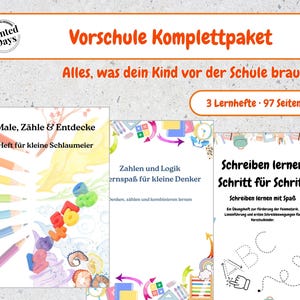 Può includere: Un pacchetto completo per la scuola materna composto da tre quaderni di esercizi per un totale di 97 pagine. Le copertine riportano il testo "Vorschule Komplettpaket", "Male, Zähle & Entdecke", "Zahlen und Logik" e "Schreiben lernen Schritt für Schritt".