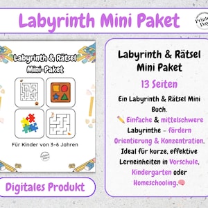Könnte beinhalten: Ein digitales Produkt namens "Labyrinth Mini Paket" mit Labyrinthen und Rätseln für Kinder von 3-6 Jahren. Das Bild zeigt ein Heft mit Labyrinthen und Formpuzzles zur Förderung der Orientierung.