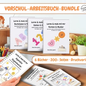 May include: A bundle of six spiral-bound preschool workbooks with colorful illustrations and German text. The books cover topics like letters, numbers, shapes, and opposites. The text "VORSCHUL-ARBEITSBUCH-BUNDLE" is at the top. The books are A4 size.