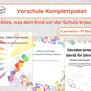 Op de afbeelding: Een set van drie Duitstalige werkboeken voor kleuters. De kleurrijke covers tonen titels als "Male, Zähle & Entdecke" en "Schreiben lernen Schritt für Schritt". De set bevat 97 pagina's.
