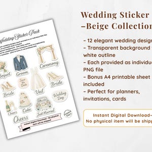 Könnte beinhalten: Ein Bogen mit Aufklebern zum Thema Hochzeit in Beige. Die Aufkleber zeigen Bilder von Brautstrauß, Bräutigam-Anzug, Brautkleid, Schuhen und Kuchen. Der Text lautet "Wedding Sticker Pack - Beige Collection."