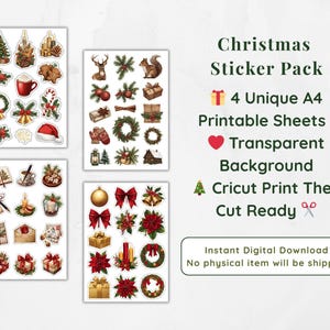 Könnte beinhalten: Ein Weihnachtssticker-Paket mit vier einzigartigen A4-Druckbögen. Die Aufkleber zeigen festliche Illustrationen von Ornamenten, Geschenken, Kränzen und anderen Elementen zum Thema Feiertage. Die Aufkleber haben einen transparenten Hintergrund.