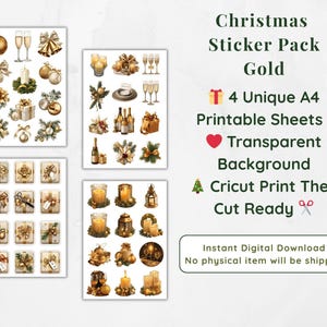 Könnte beinhalten: Digitaler Download mit vier einzigartigen A4-Druckbögen mit goldenen Weihnachtsaufklebern. Die Aufkleber zeigen festliche Bilder von Ornamenten, Geschenken, Kerzen und Sektgläsern. Die Aufkleber haben einen transparenten Hintergrund und sind Cricut-Print-and-Cut-fähig.