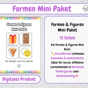 Könnte beinhalten: Ein digitales Lernprodukt mit dem Titel "Formen Mini Paket" mit dem Text "Formen & Figuren Mini-Paket" und Illustrationen eines Geschenks, einer Tür, eines Pizzastücks und eines Smiley-Gesichts. Das Produkt ist für Kinder im Alter von 3-6 Jahren.