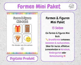 May include: A digital educational product titled "Formen Mini Paket" with the text "Formen & Figuren Mini-Paket" and illustrations of a gift, door, pizza slice, and smiley face. The product is for children aged 3-6 years old.