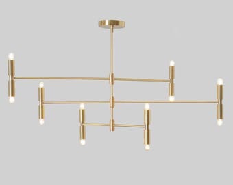 Mid Century Sputnik Chandelier, Brass Finish, 12-Light Pendant