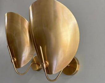 Pair Of Mid Century Brass Wall Sconce Curved Shade Lamp Stilnovo Style Raw Brass Vanity Light Hallway Room Entryway Handmade Lighting