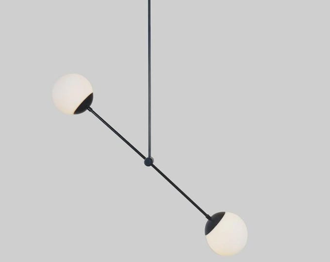 Featured listing image: Brass Sputnik Chandelier, Two Milky Glass Globes, Mid Century Light