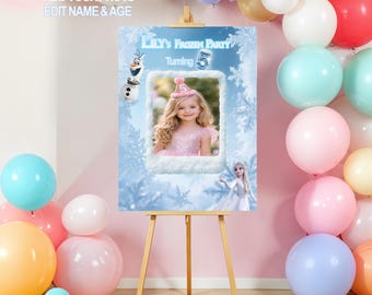 Frost födelsedagsaffisch, personlig fotoskylt, anpassad namnfestdekoration, välkomstskylt för flickfödelsedag, barnfestaffisch, utskrivbar dekoration