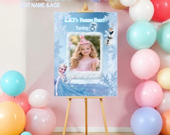 Póster de cumpleaños de Frozen, cartel con foto personalizado, decoración de fiesta con nombre personalizado, cartel de bienvenida de cumpleaños para niña, póster para fiesta infantil, decoración imprimible