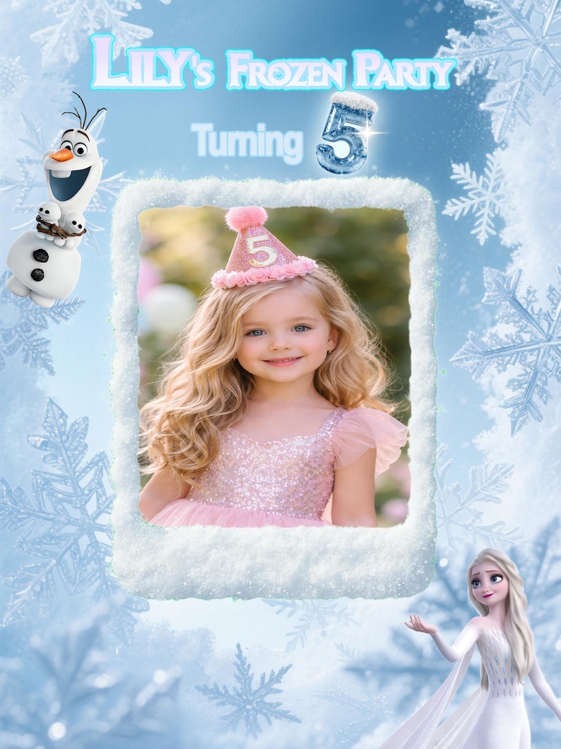 Puede incluir: Invitaci&oacute;n de cumplea&ntilde;os con el texto "Lily's Frozen Party Turning 5". La imagen presenta a una ni&ntilde;a con un vestido rosa y un gorro de fiesta, junto con ilustraciones de Olaf y Elsa de la pel&iacute;cula Frozen.