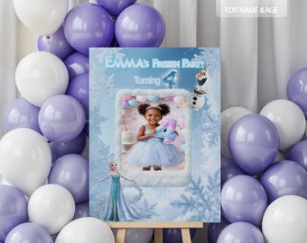 Póster de cumpleaños de Frozen, cartel con foto personalizado, decoración de fiesta con nombre personalizado, cartel de bienvenida de cumpleaños para niña, póster para fiesta infantil, decoración imprimible