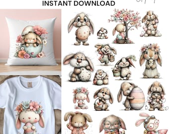 Easter Bunny Whimsical Clipart: Adorable Graphics (Digital Download - 109 PNGs)