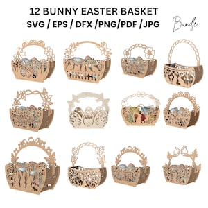 Kanin påskkorg SVG – 12 laserskurna filer, presentkorg i trä (digital nedladdning)