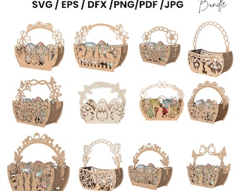 Cesta de Pascua SVG de conejito – Archivo de corte láser de 12, cesta de regalo de madera (descarga digital)