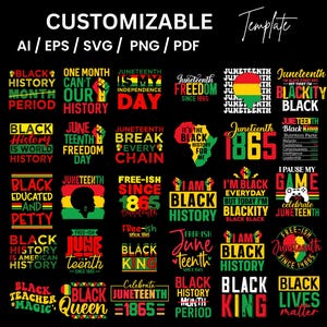 May include: A collection of customizable Juneteenth-themed designs in various formats, including AI, EPS, SVG, PNG, and PDF. The designs feature text and graphics in red, yellow, green, and black, celebrating Black history and freedom.