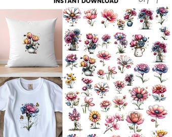 Clipart printanier de fleurs fantaisistes : graphiques floraux (téléchargement numérique - 63 fichiers PNG)