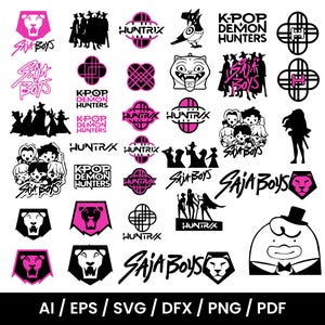 May include: A collection of black and pink graphic designs featuring text and illustrations. The designs include the words "SAJA BOYS", "HUNTRIX", and "K-POP DEMON HUNTERS", along with lion and abstract shapes. The image also includes file type information.
