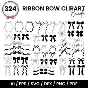 Könnte beinhalten: Eine Sammlung von 324 Ribbon Bow Clipart-Designs in Schwarz und Weiß. Das Bild zeigt verschiedene Schleifenstile, mit dem Text "RIBBON BOW CLIPART Bundle" und Dateitypoptionen: AI, EPS, SVG, DFX, PNG und PDF.