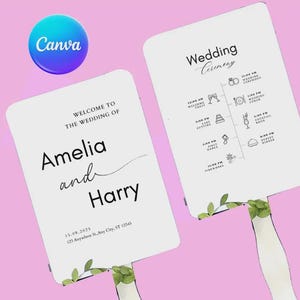 May include: Two white wedding ceremony fans. One fan says "Welcome to the wedding of Amelia and Harry" with the date and address. The other fan lists the wedding ceremony schedule. Both fans have a floral design.
