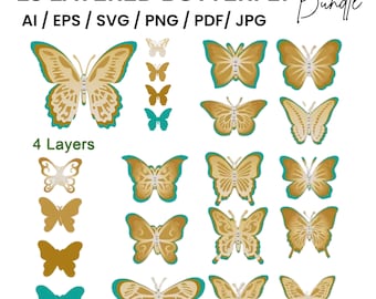 Layered Butterfly SVG-paket: 3D-klippfiler, Clipart (digital nedladdning)