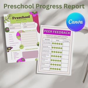 May include: Two printable preschool report cards. One card is a report card with sections for student information, learning areas, and quarterly grades. The other card is a peer feedback form with a rating scale and comment section.