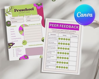 May include: Two printable preschool report cards. One card is a report card with sections for student information, learning areas, and quarterly grades. The other card is a peer feedback form with a rating scale and comment section.