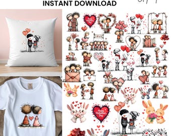 Valentine's Day Couple Clipart: Whimsical Love Graphics (Digital Download - 48 PNGs)