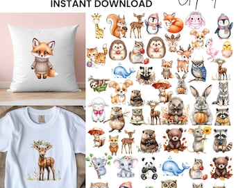 Imágenes prediseñadas de animales del bosque: Gráficos infantiles (Descarga digital - 45 PNG)