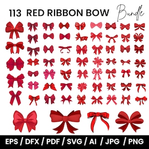 Puede incluir: Una colección de 113 diseños de lazos de cinta roja en varios estilos. Los lazos varían en tamaño y forma, algunos con múltiples bucles y otros con nudos simples. La imagen incluye el texto "113 RED RIBBON BOW Bundle".