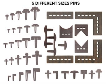 May include: A bundle of honeycomb pins in various sizes and shapes. The pins are brown and include T-shaped, road-shaped, and corner pieces. Text at the top reads "HONEYCOMB PINS BUNDLE" and "5 DIFFERENT SIZES PINS". File types include AI, EPS, SVG, DFX, PNG, and PDF.