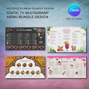 Puede incluir: Varios diseños de menús de restaurantes para pantallas de TV. Los menús incluyen un menú de café, cócteles, whisky y postres. Los diseños son coloridos y presentan ilustraciones de alimentos y bebidas. El logotipo de Canva es visible.