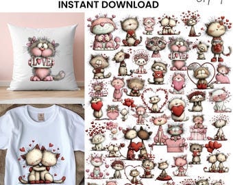 Whimsical Cats Valentine's Day Clipart: Love Graphics (Digital Download - 74 PNGs)