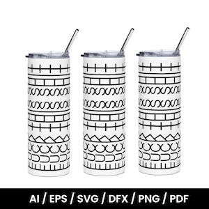May include: Three white insulated tumblers with black geometric patterns and silver straws. The tumblers have a repeating design of horizontal lines, zigzags, and curved shapes. The bottom of the image has the text "AI / EPS / SVG / DFX / PNG / PDF".