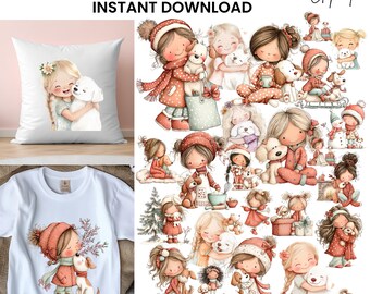 Whimsical Girl & Dog Love Clipart: Sweet Graphics (Digital Download - 43 PNGs)