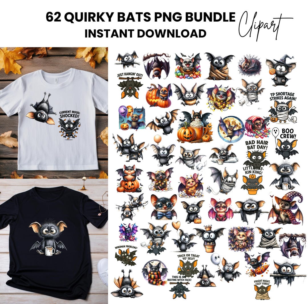 Quirky Bat Clipart Bundle | Watercolor Halloween PNG Graphics (digital ...