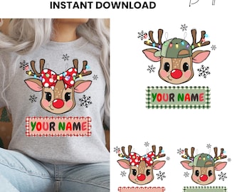 Cute Reindeer Christmas PNG, Boy & Girl Reindeer Clipart, Custom Name Reindeer PNG, Kids Christmas Shirt Sublimation, Holiday Cartoon PNG