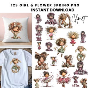 Puede incluir: Camiseta y cojín blancos con diseños de niñas florales. La imagen también incluye una colección de imágenes prediseñadas de niñas con coronas de flores y vestidos. El texto dice "129 GIRL & FLOWER SPRING PNG INSTANT DOWNLOAD Clipart."
