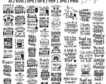 May include: A digital bundle of 121 beer-themed SVG quotes, available in various file formats. The design features a variety of phrases and sayings related to beer, ideal for crafting projects. The color scheme is black and white.