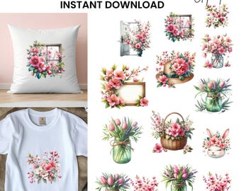 Clipart de flores rosas de primavera: Gráficos florales extravagantes (Descarga digital - 28 PNG)