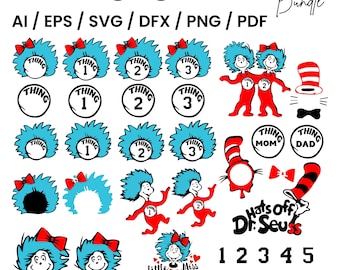 Paquete SVG de Cosa 1 y Cosa 2, imágenes prediseñadas del Dr. Seuss (descarga digital)