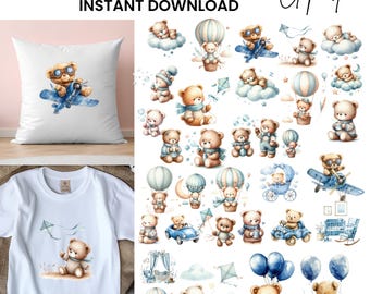 Clipart aquarel teddybeer: blauwe babyknuffels png-set (digitale download 32 png's)