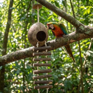 Puede incluir: Un nido de coco natural con una escalera de madera cuelga de una rama de árbol. Un loro colorido con plumas rojas, azules y verdes se posa cerca. El nido tiene una entrada redonda y está suspendido por una cuerda.