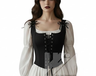 Black Cotton Corset Top, Bustier with Tie Straps