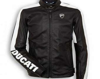 Ducati Motorbike Black and White Racing Leather Jacket Available in All Sizes