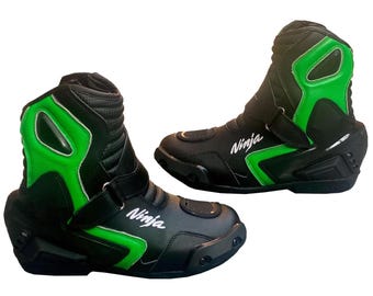 Kawasaki Ninja Motorcycle Riding Boots Black & Green Racing Style